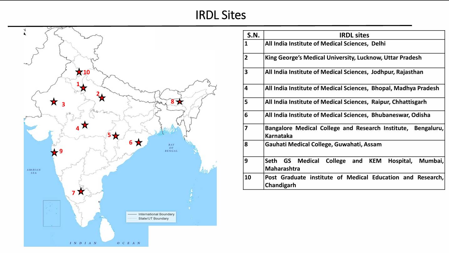 Map showing locations of Infectious Disease Research and Diagnostic Laboratories (IRDL) across India